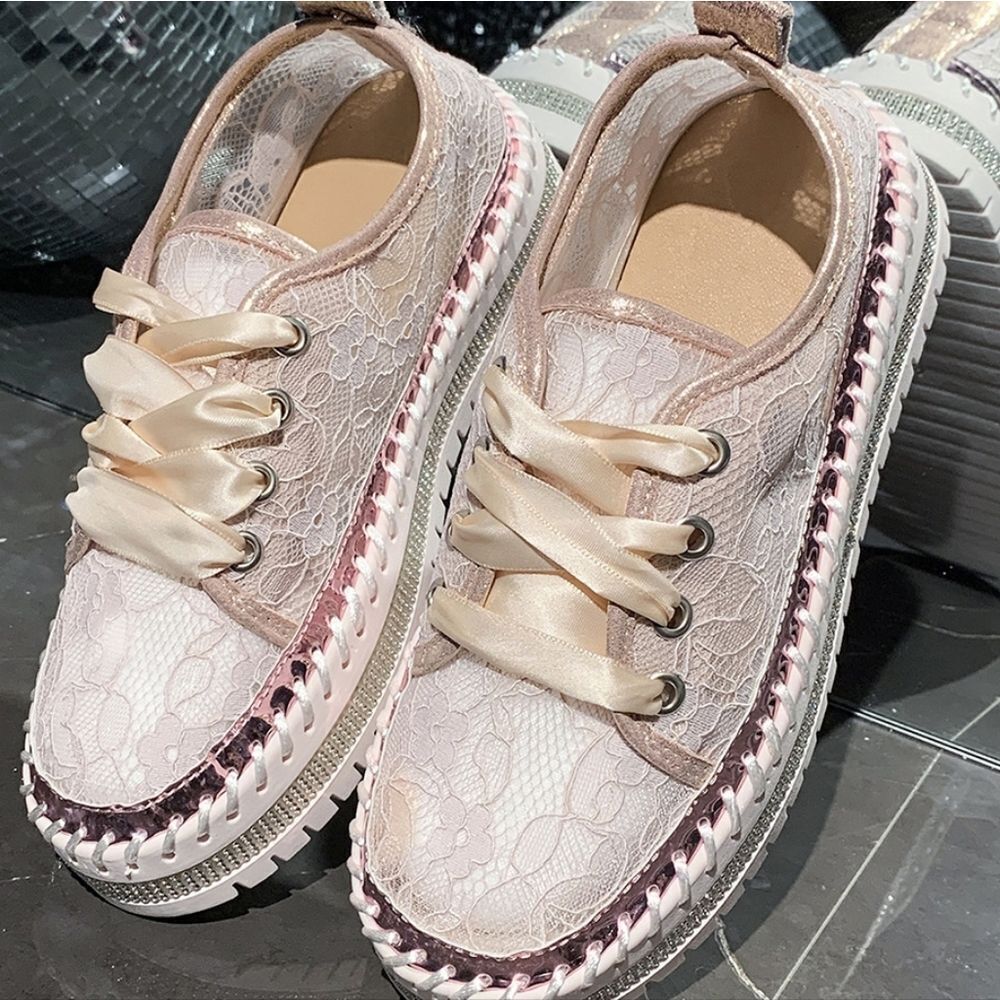 Round Toe Platform Loafers – Chic Lace Mesh & PU Leather Low Heel Slip-Ons